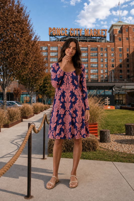 3811 Damask Print Swing Dress