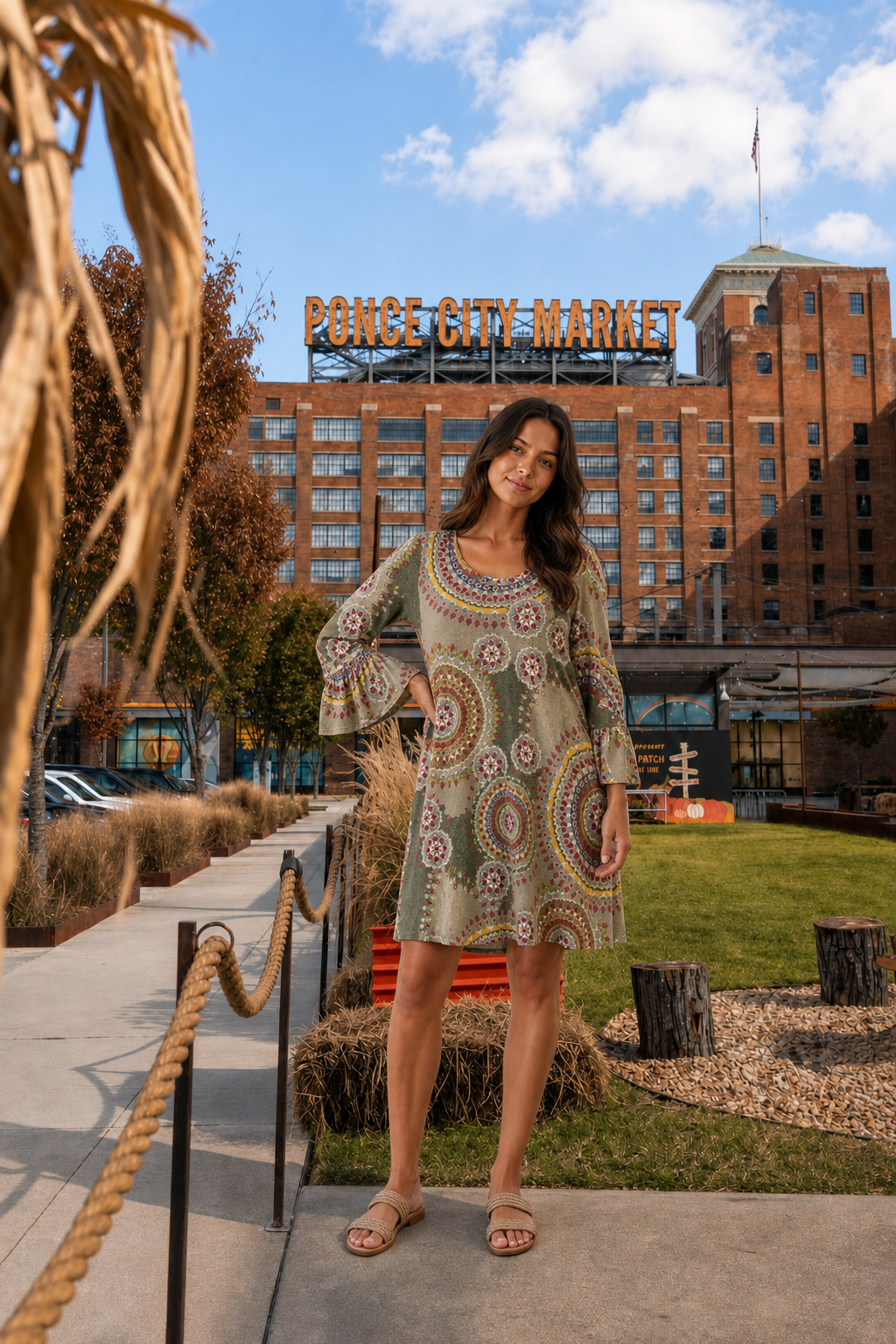 VC3811 Medallion Print Long Sleeve Dress w/ Side Pockets