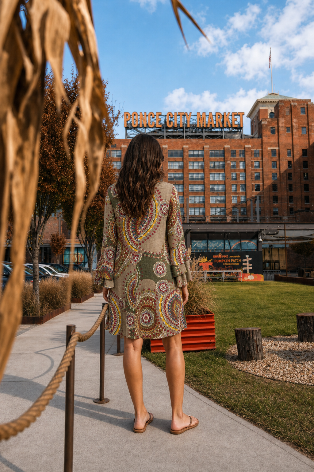 VC3811 Medallion Print Long Sleeve Dress w/ Side Pockets