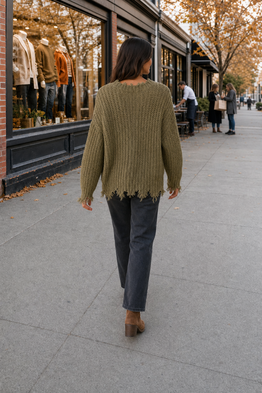 W9045 Olive Distressed Hem Chunky Knit Sweater