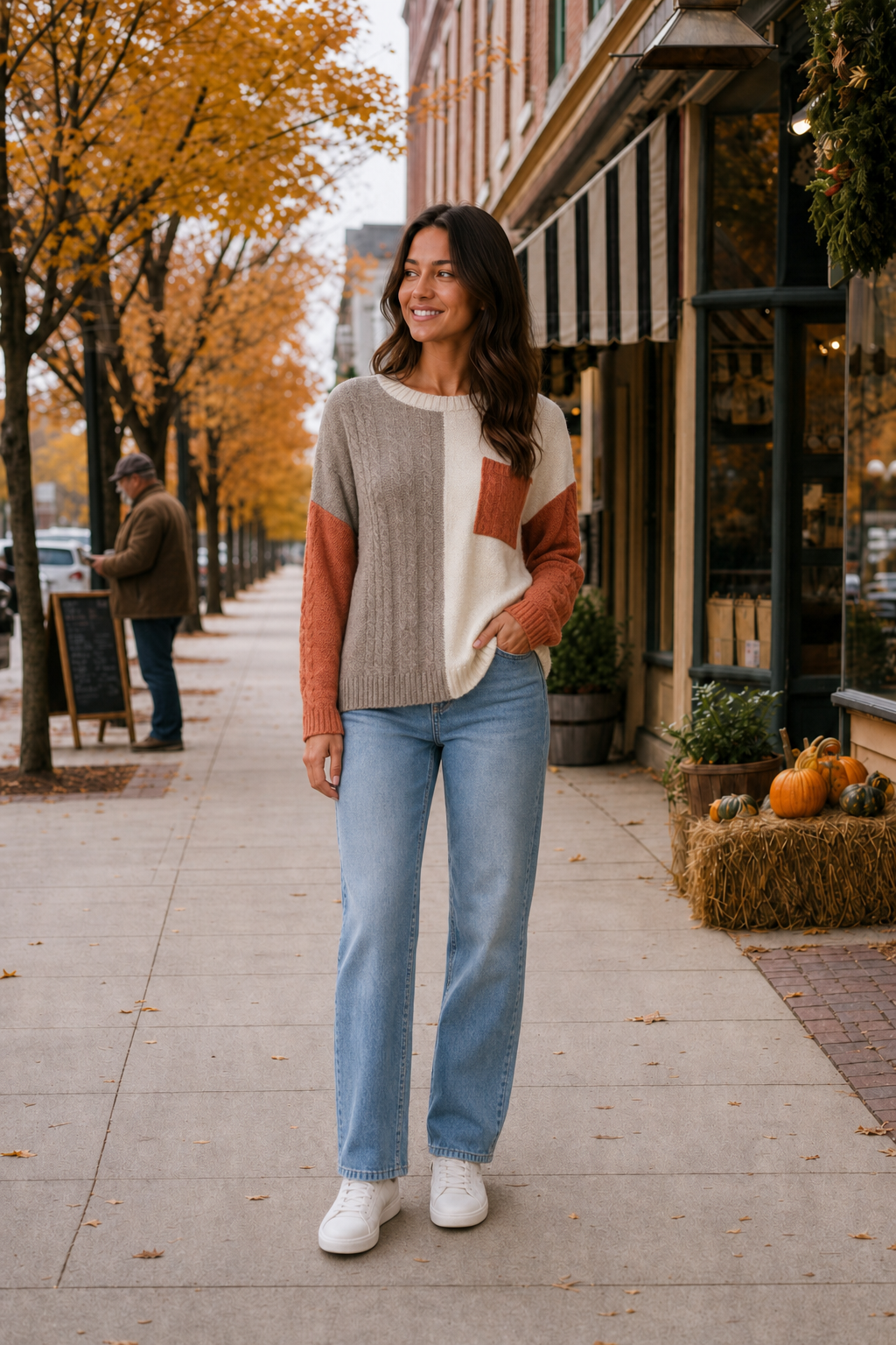 Style 148 Color Block Cable Knit Sweater