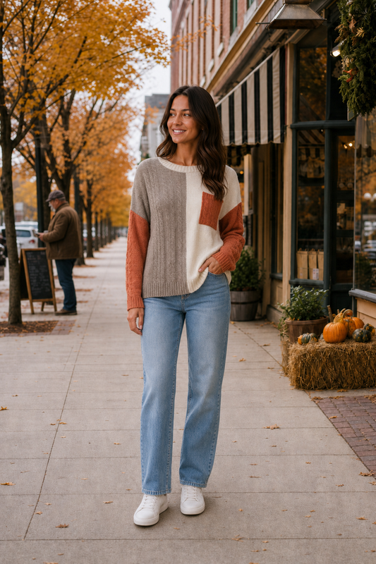 Style 148 Color Block Cable Knit Sweater