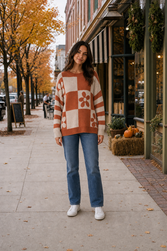 Style 218 Checkered Floral Knit Sweater