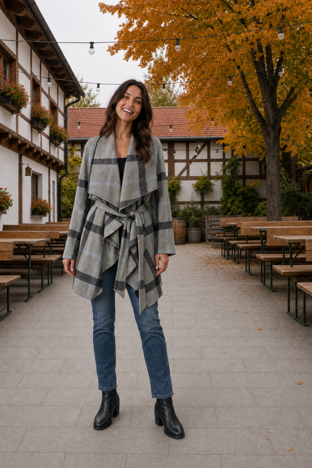 LUX10416 Plaid Belted Waterfall Cardigan