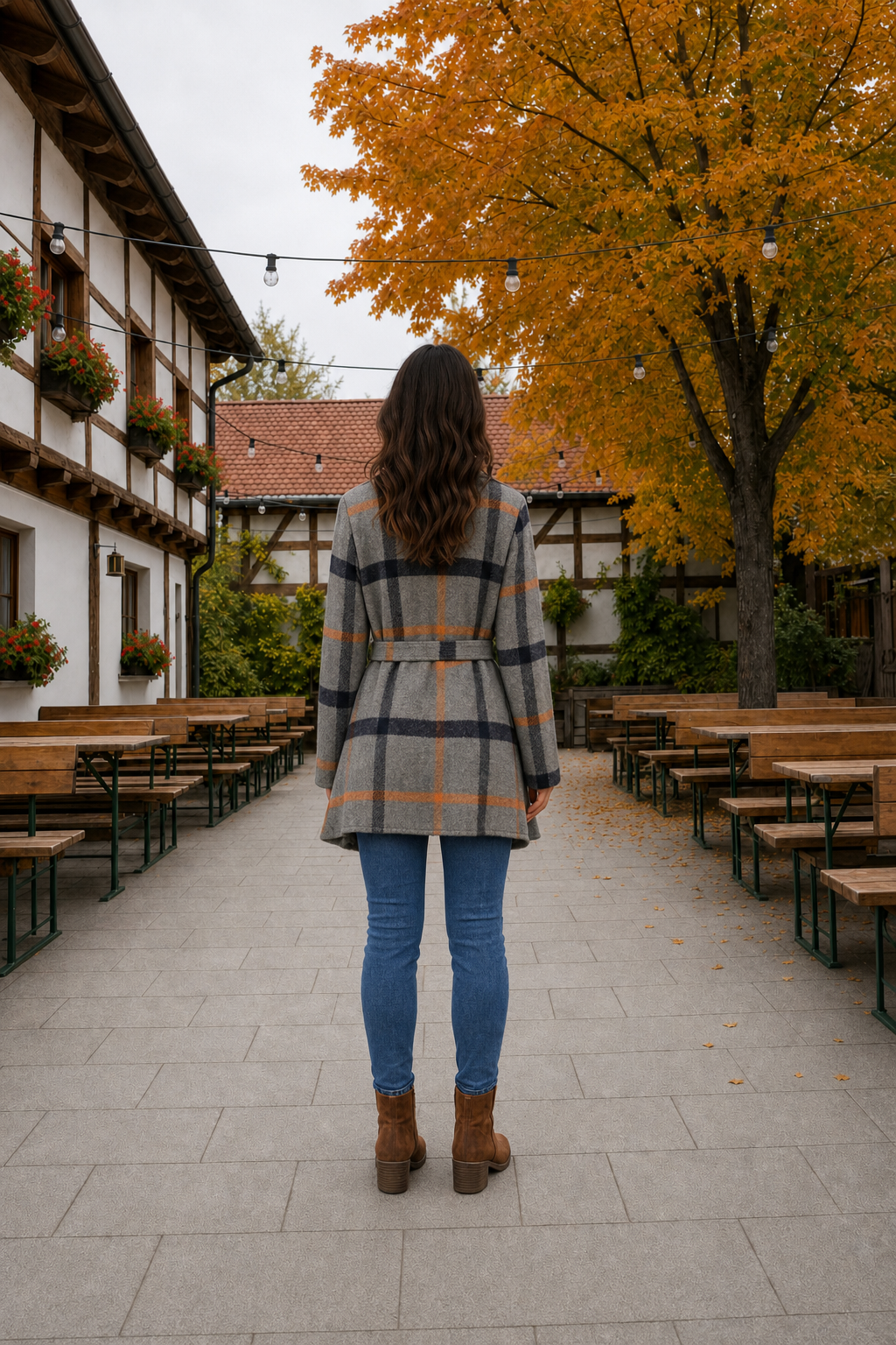 LUX10416 Grey/Orange Patterned Plaid Belted Wrap Cardigan