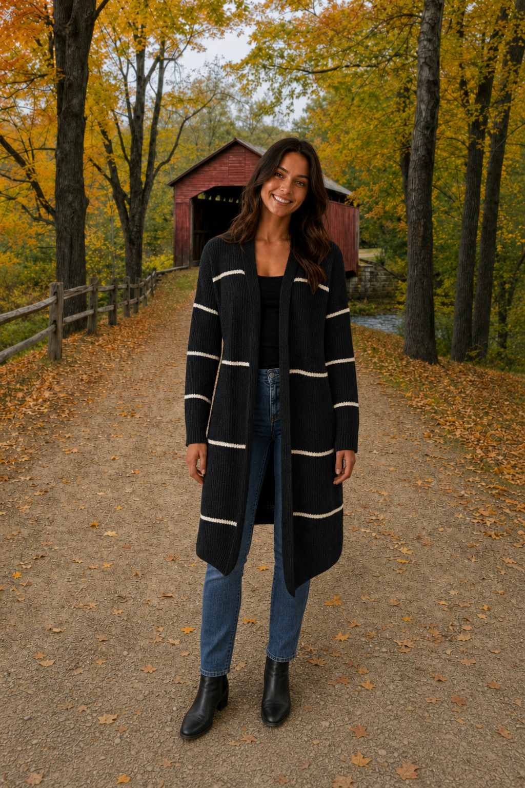 6028 Striped Longline Open-Front Cardigan