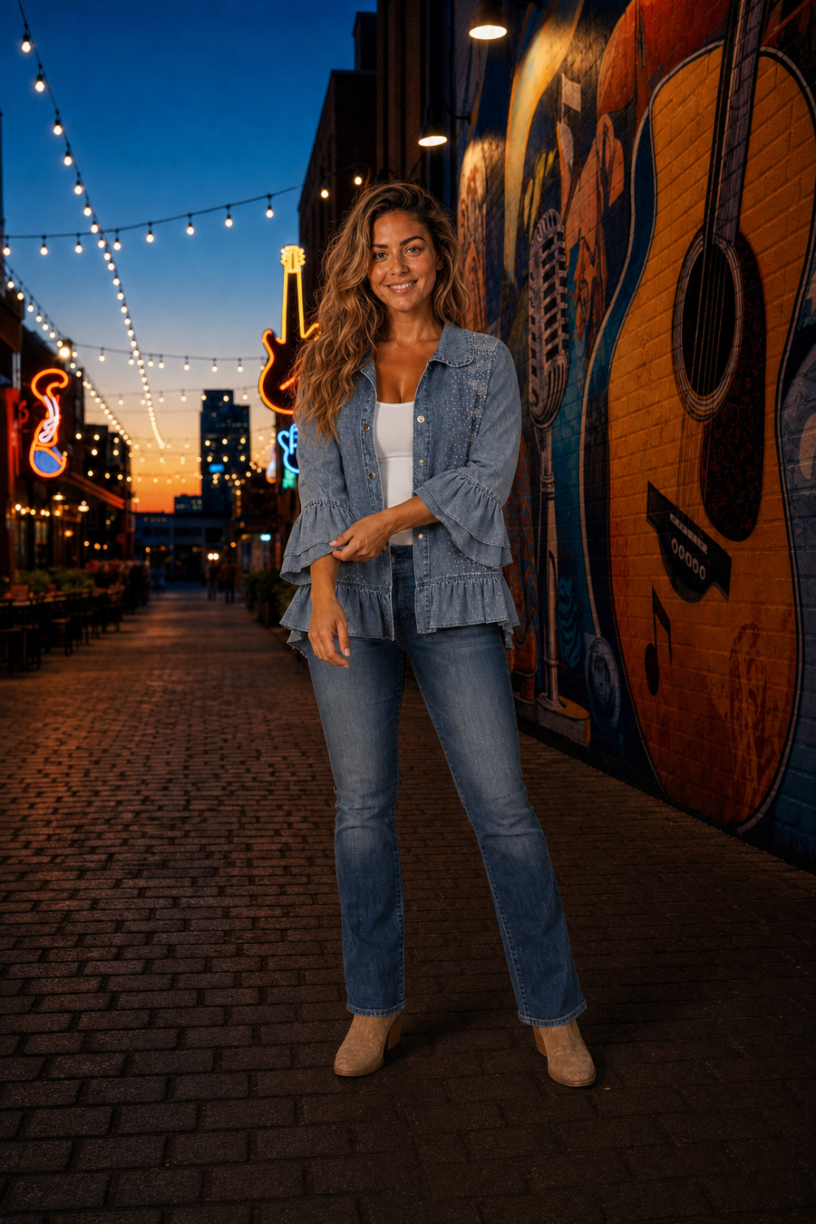 CLS-5015 Tencel Rhinestone Ruffle Hem Denim Color Shirt Jacket