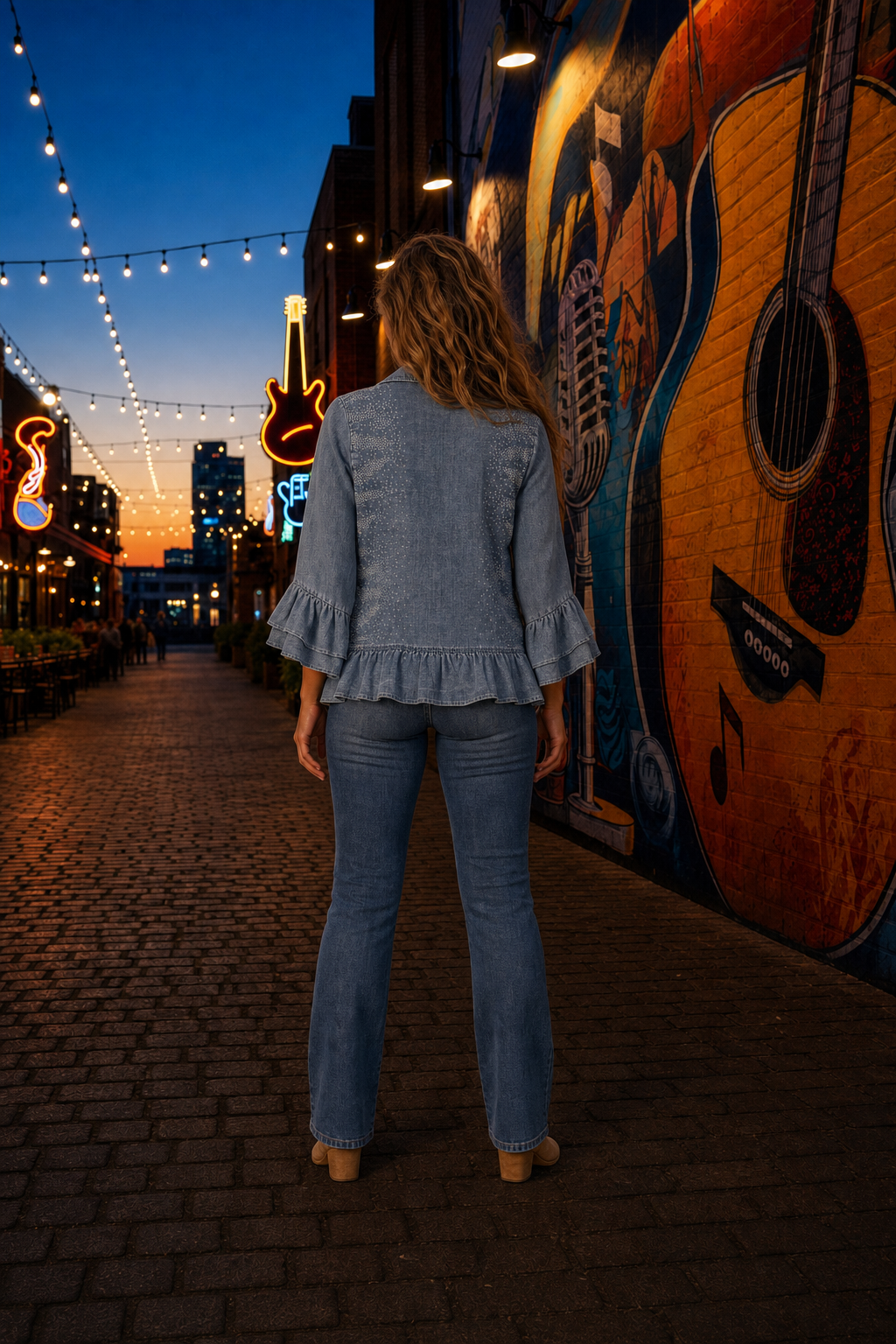 CLS-5015 Tencel Rhinestone Ruffle Hem Denim Color Shirt Jacket