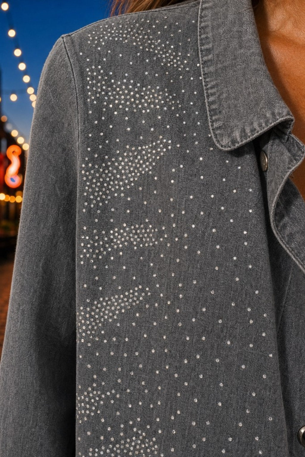 CLS-5015 Tencel Rhinestone Ruffle Hem Denim Color Shirt Jacket — Embroidery detail