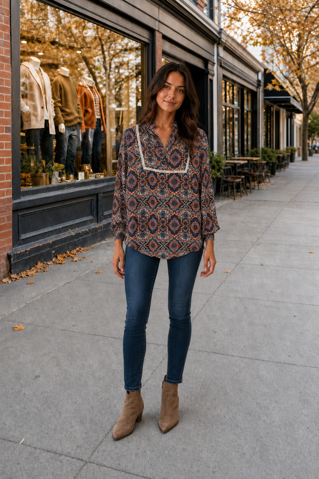 1068 Medallion Print Lace Trim Blouse