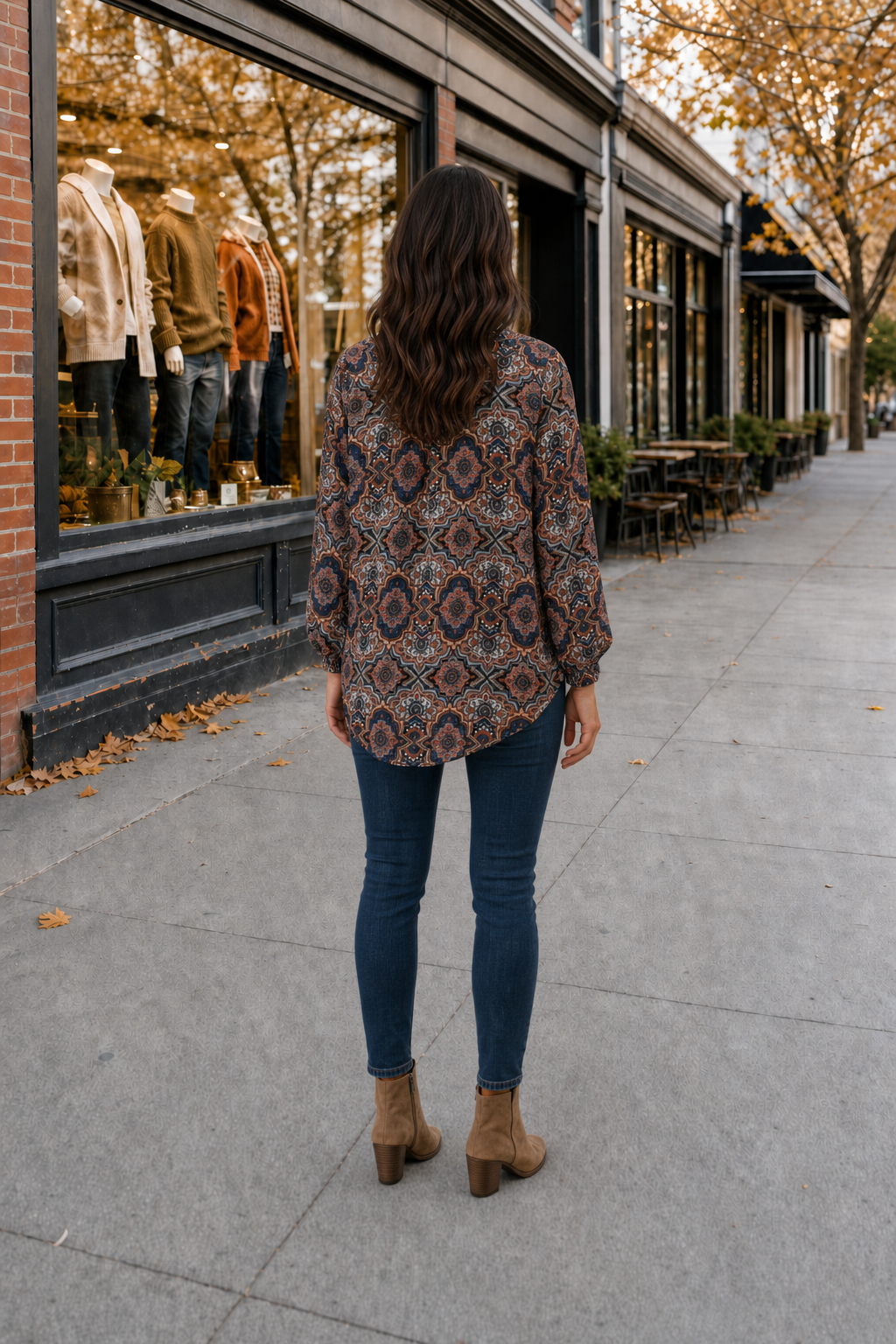 1068 Medallion Print Lace Trim Blouse