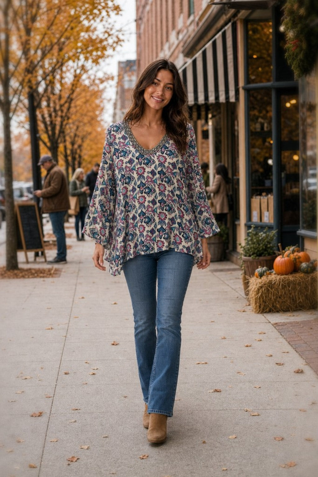 1171 Ikat Print V-Neck Boho Top