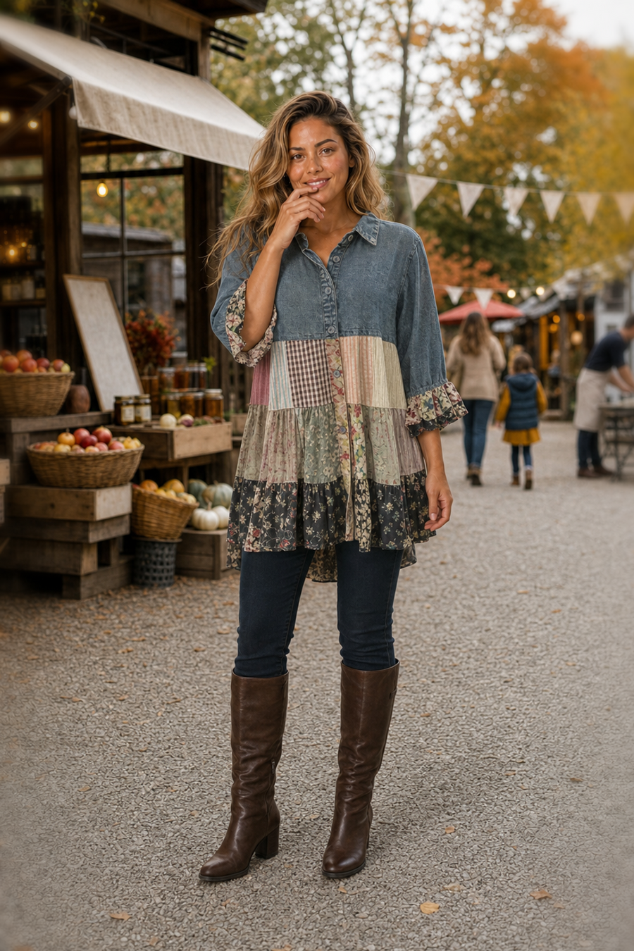 44326 Denim Patchwork Tiered Tunic Dress