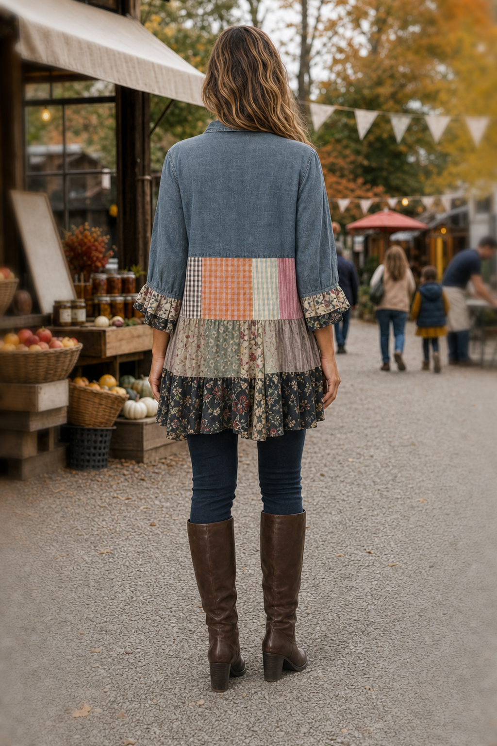 44326 Denim Patchwork Tiered Tunic Dress