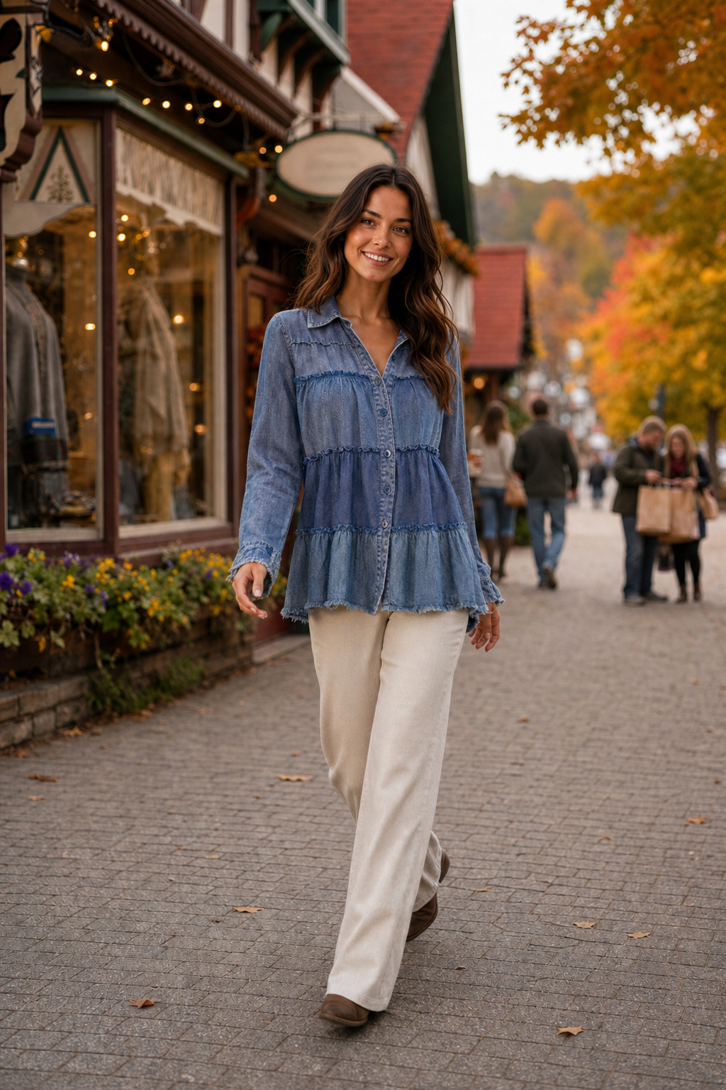 56331 Tiered Indigo Wash Button-Down Blouse