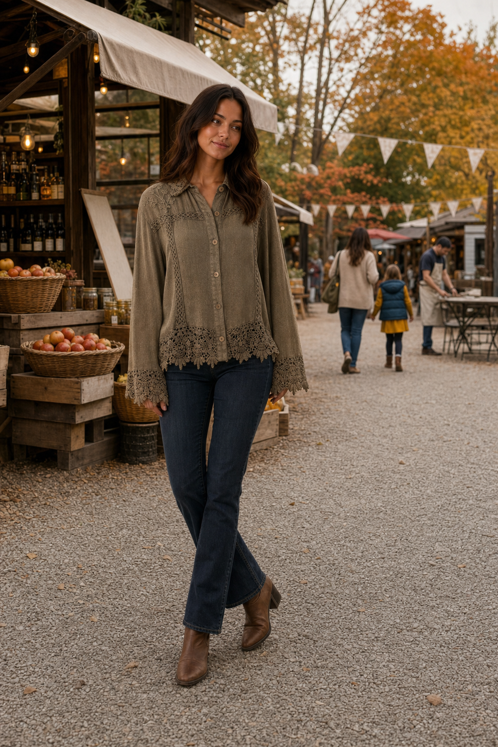 44321 Embroidered Lace Trim Button Blouse