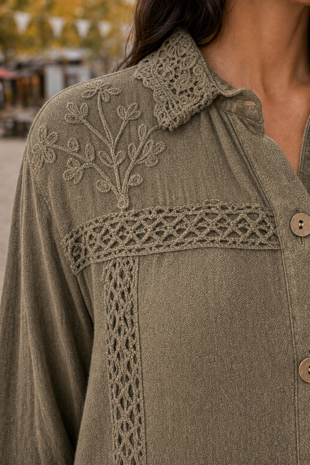 44321 Embroidered Lace Trim Button Blouse — Embroidery detail