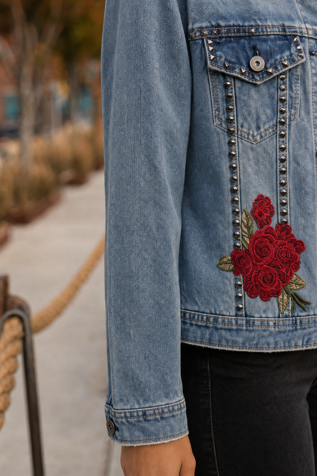 112 Rose Embroidered Studded Denim Jacket — Sleeves detail