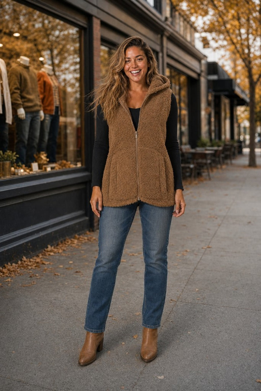 FJ-28-65 Camel Sherpa Zip-Up Hooded Vest