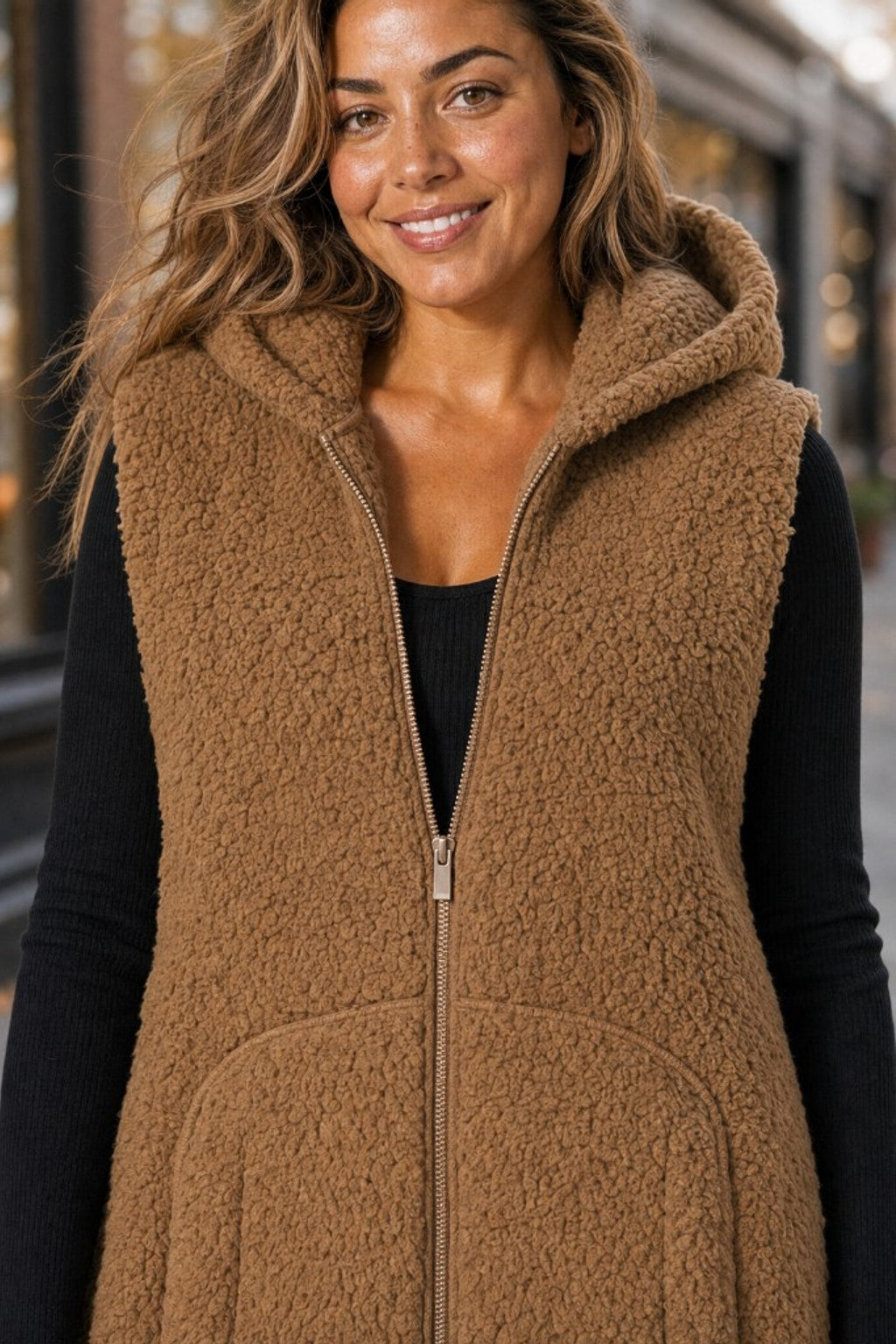 FJ-28-65 Camel Sherpa Zip-Up Hooded Vest — Hood detail