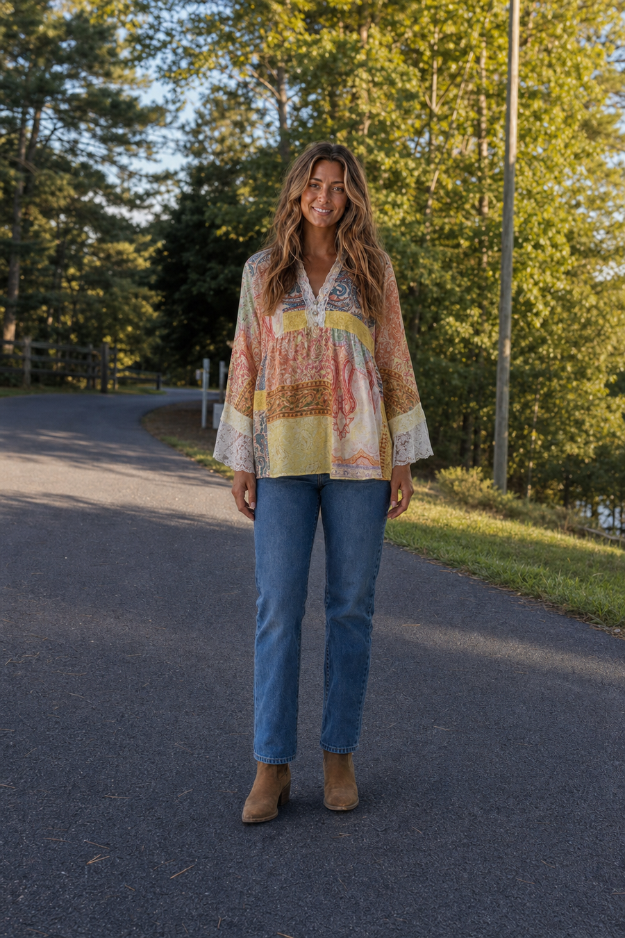 102 Yellow Paisley Print Lace-Trim Boho Top