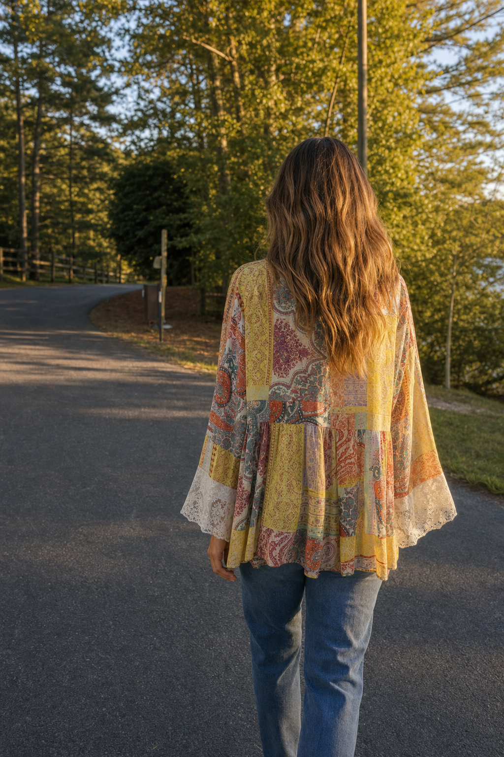 102 Yellow Paisley Print Lace-Trim Boho Top