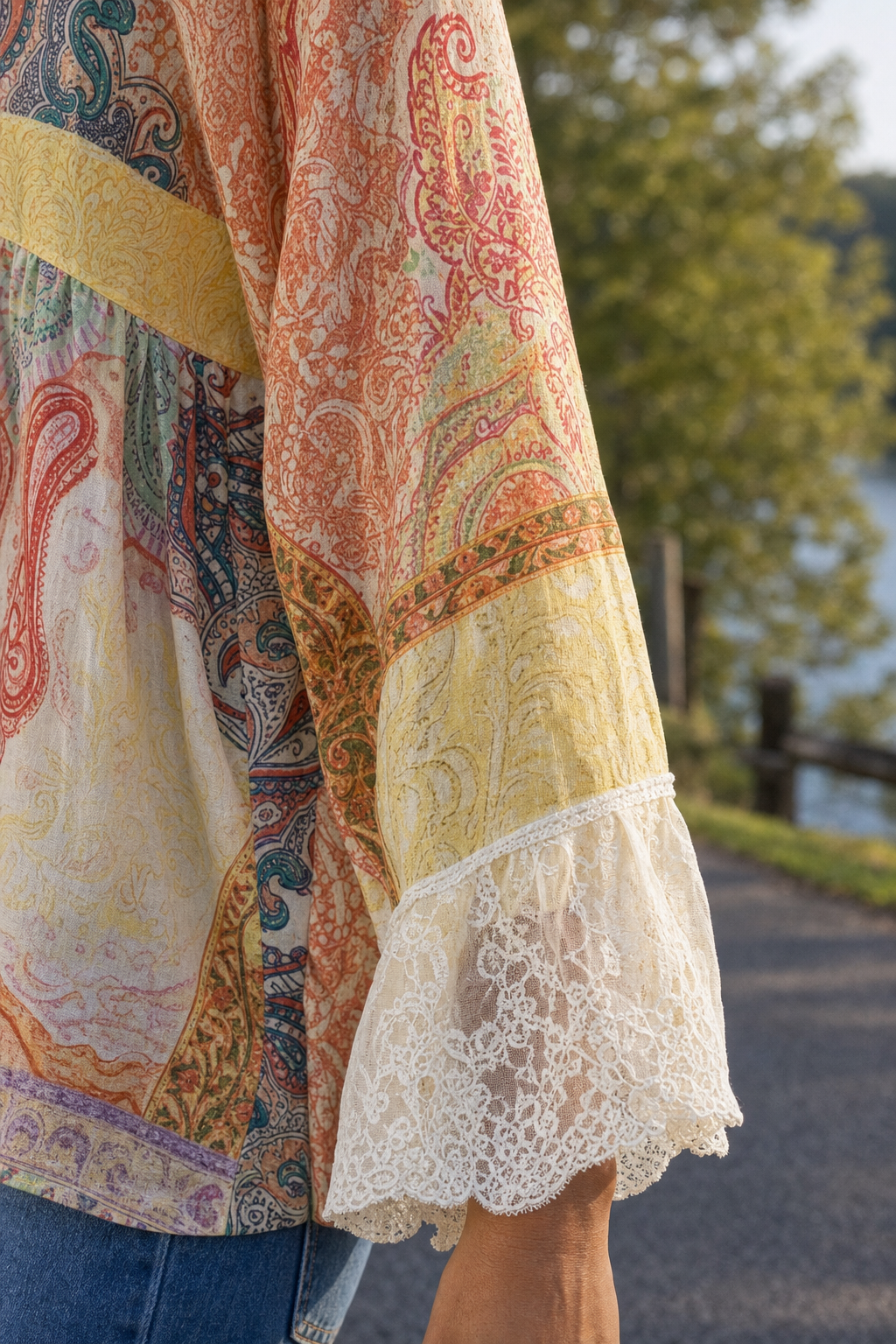 102 Yellow Paisley Print Lace-Trim Boho Top — Sleeves detail
