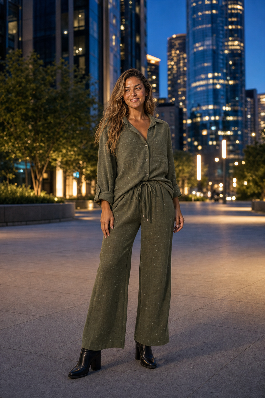 M5700HF Olive Green Shimmer Button-Down Two-Piece Set