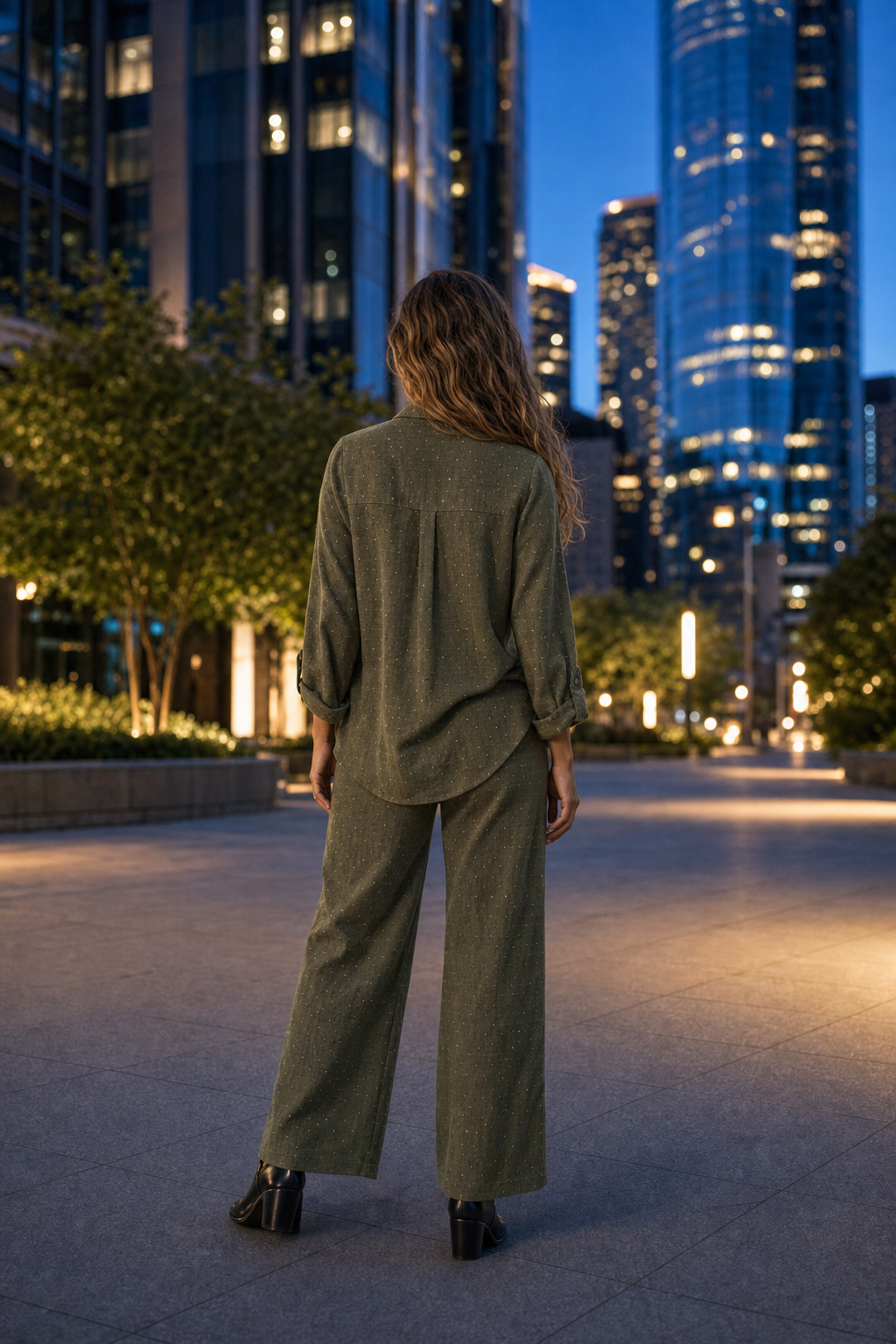 M5700HF Olive Green Shimmer Button-Down Two-Piece Set