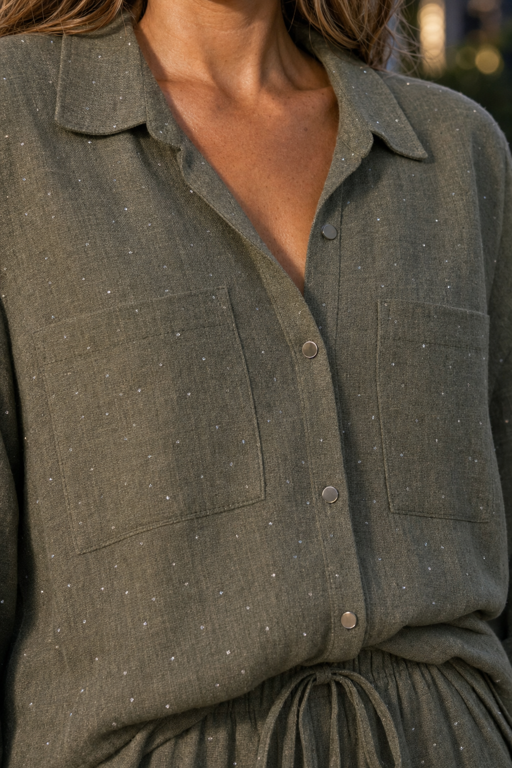 M5700HF Olive Green Shimmer Button-Down Two-Piece Set — buttons and pockets detail