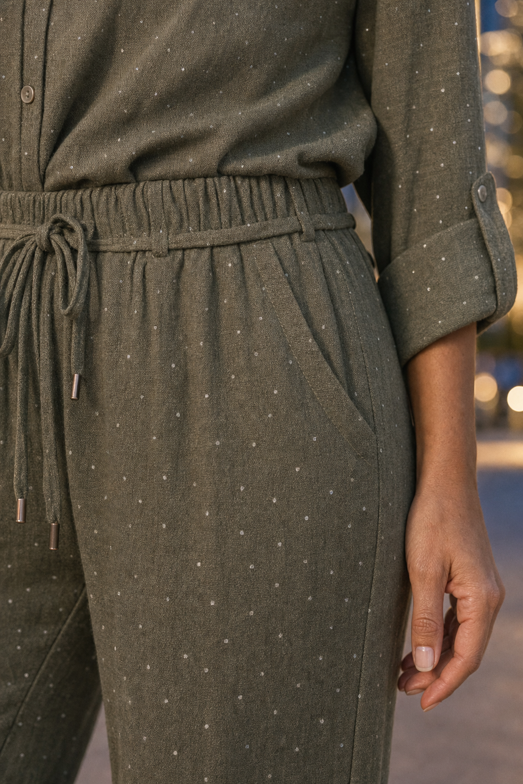 M5700HF Olive Green Shimmer Button-Down Two-Piece Set — Pockets detail