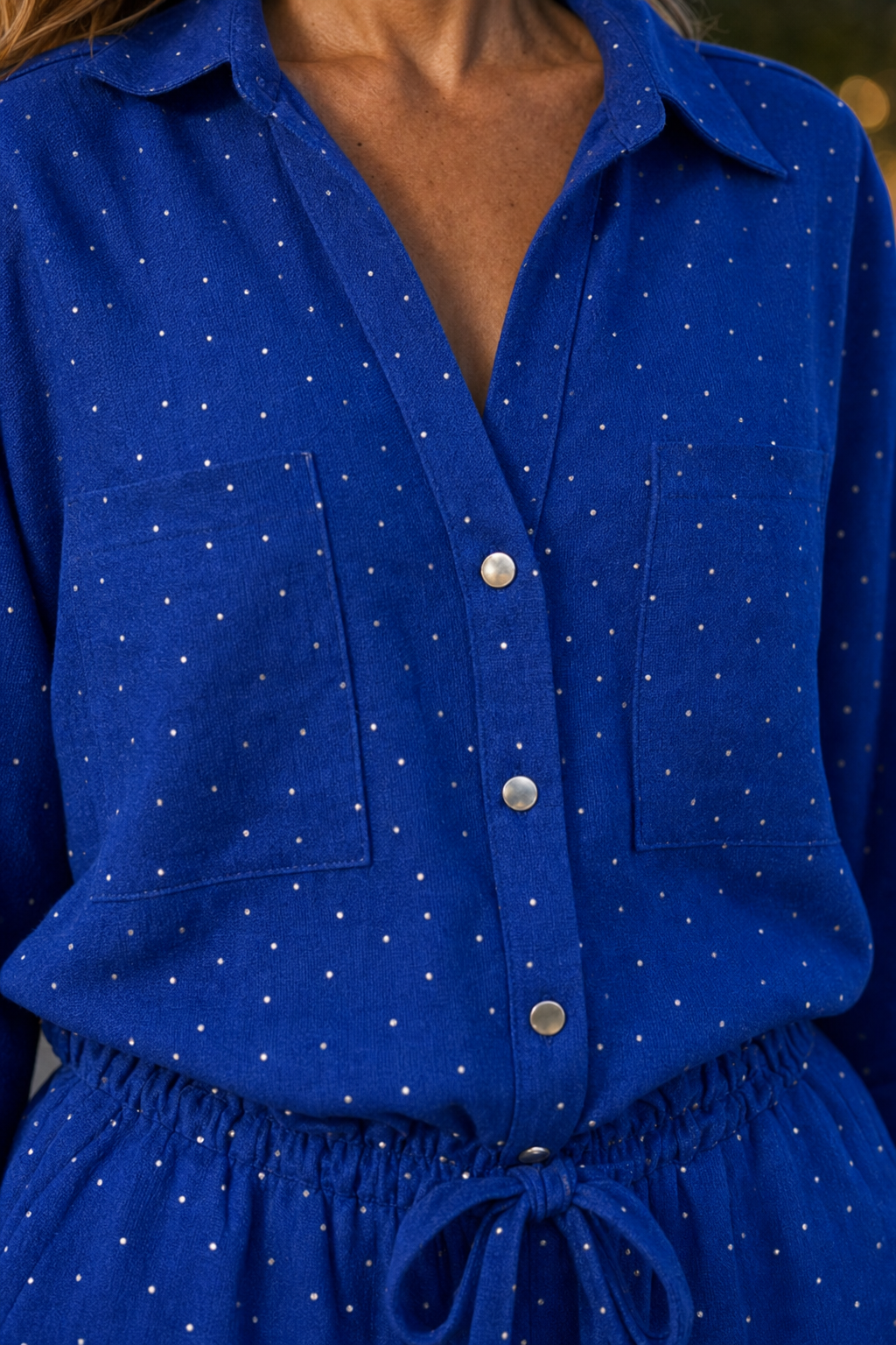 M5700HF Blue Glitter Dot Shirt Collar 2PC Set — Embroidery detail