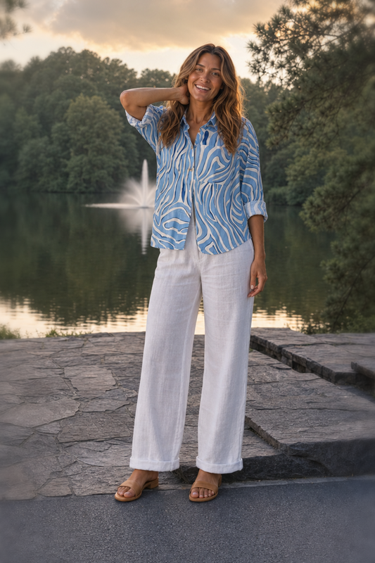 SP14480 Abstract Swirl Print Button-Down Blouse