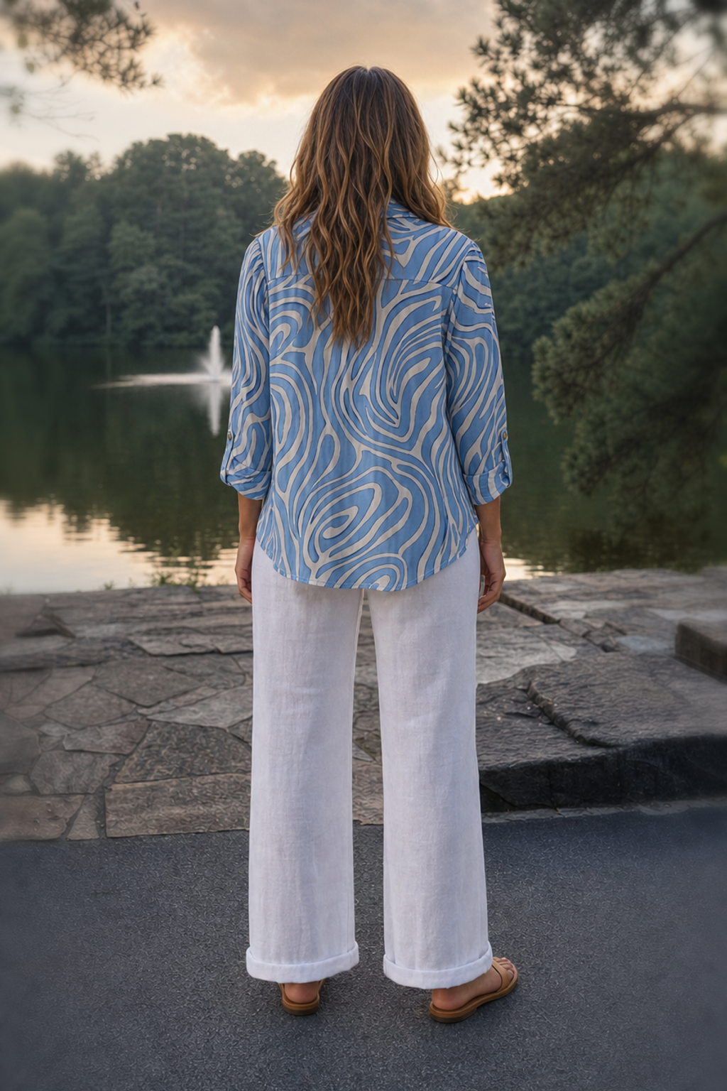 SP14480 Abstract Swirl Print Button-Down Blouse