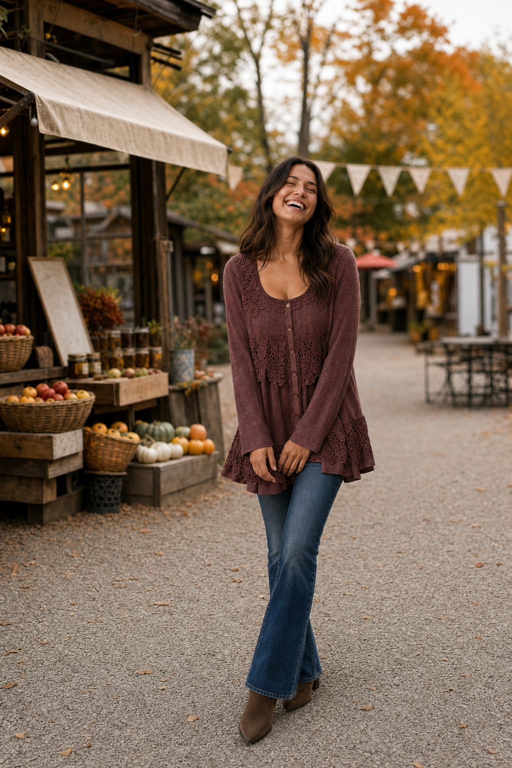AL-81403 Lace Panel Button-Front Knit Tunic Top or Dress
