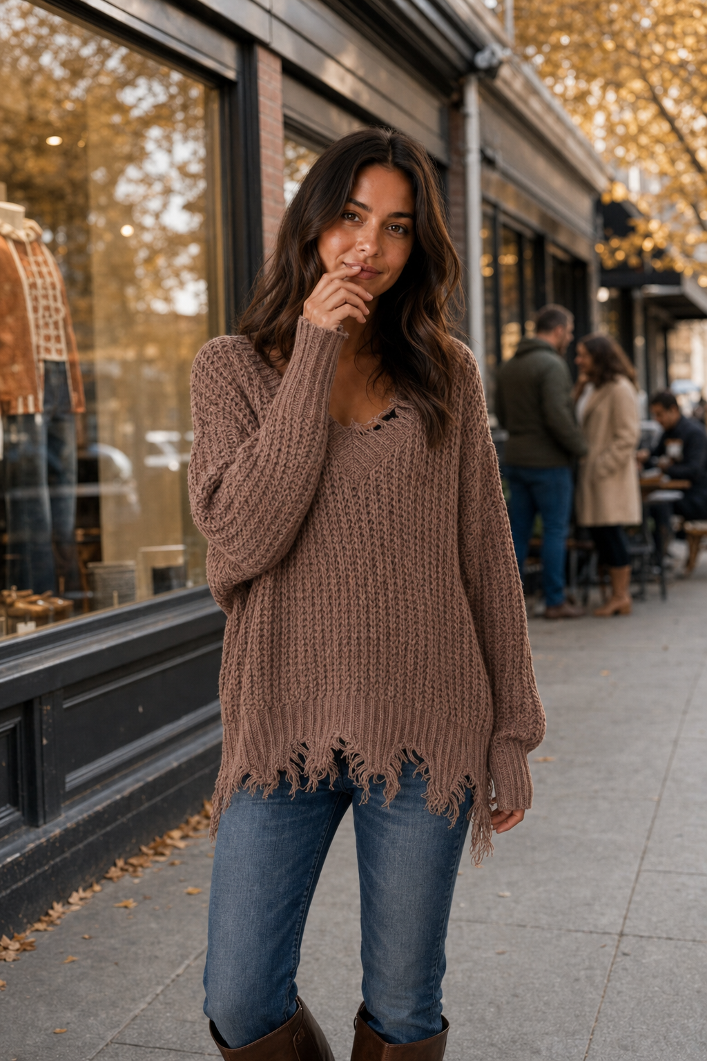 W9045 Dusty Rose Distressed Fringe Hem Knit Sweater