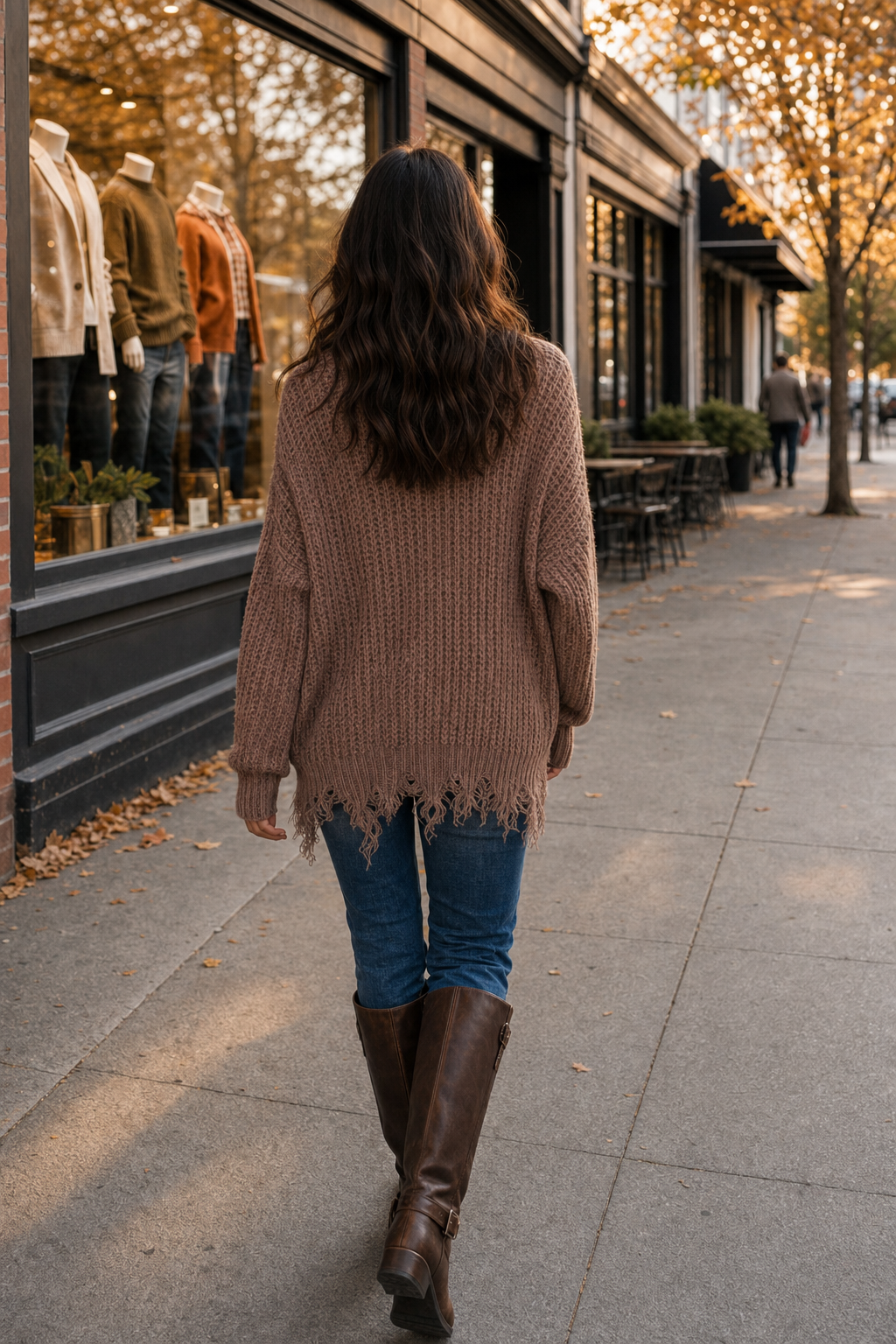 W9045 Dusty Rose Distressed Fringe Hem Knit Sweater