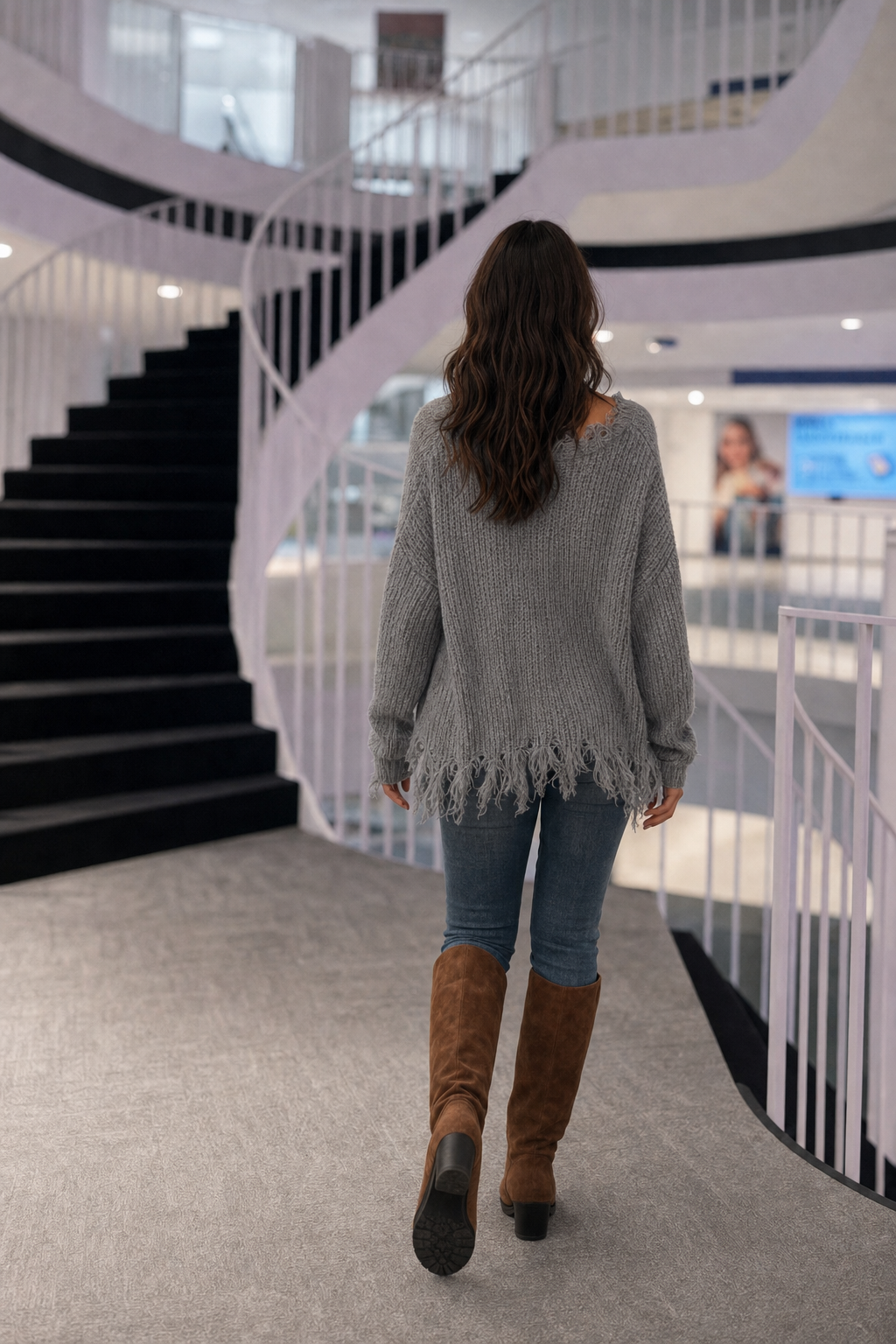 W9045 9045 Grey Distressed Fringe Hem Knit Sweater