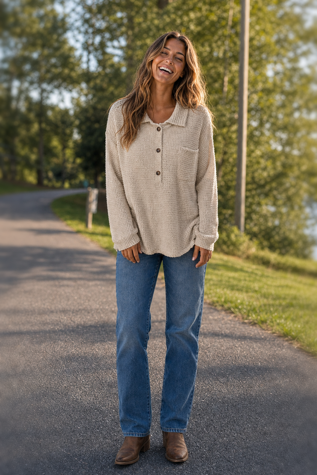 88061 Oatmeal/Cream Waffle Knit Top
