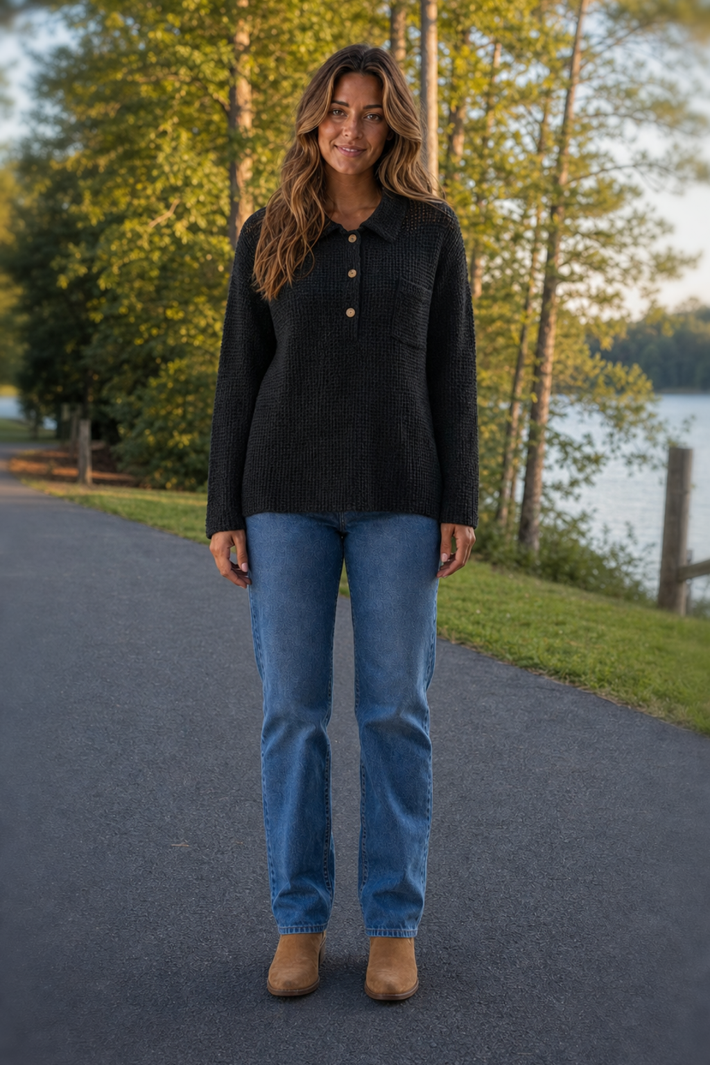 88061 Black Waffle Knit Henley Sweater