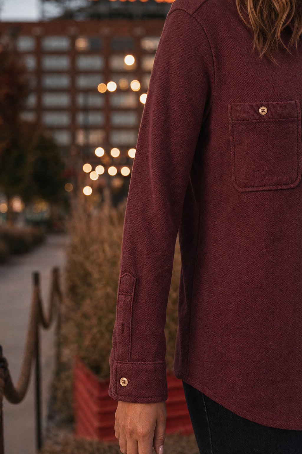 29732 Maroon Double Pocket Button-Down Top — Sleeves detail