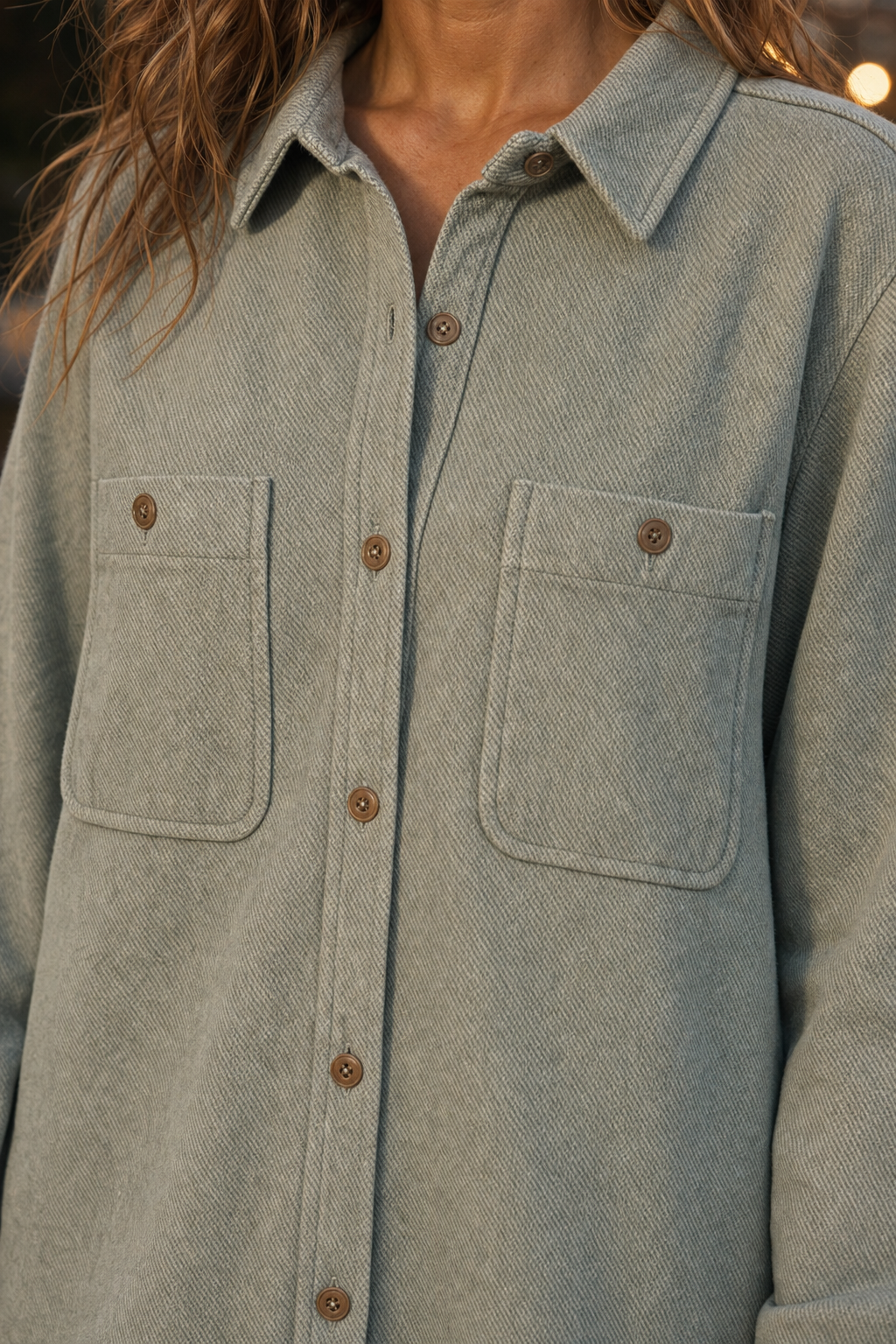 29732 Sage Green Twill Button-Down Top — Pockets detail