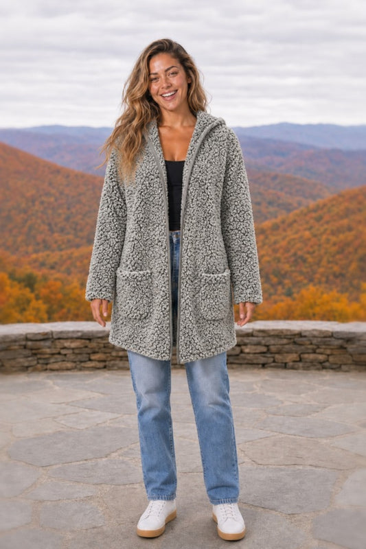 J8016 Heather Charcoal Grey Hooded Sherpa Open-Front Cardigan