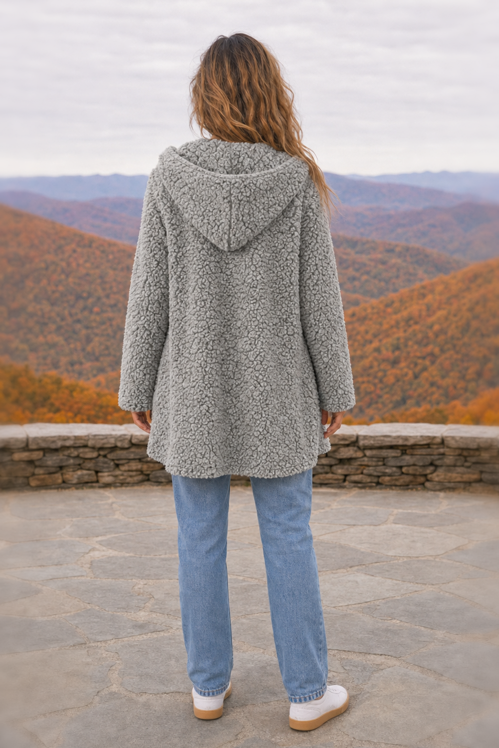 J8016 Heather Charcoal Grey Hooded Sherpa Open-Front Cardigan