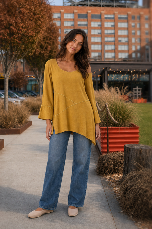 T-1420 Mustard Bell Sleeve Seam Detail Top