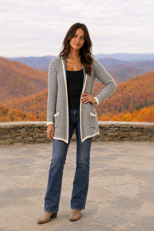 CSJ107 Navy Open-Front Woven Knit Cardigan