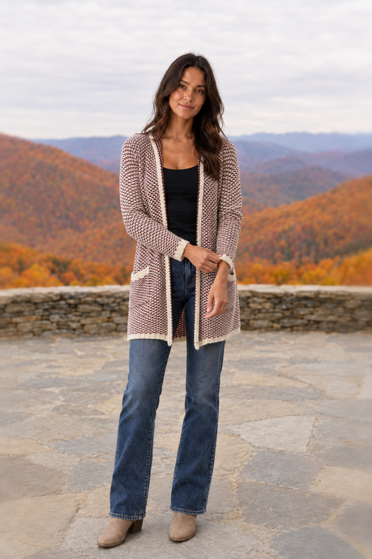 CSJ107 Maroon Two-Tone Woven Knit Longline Cardigan