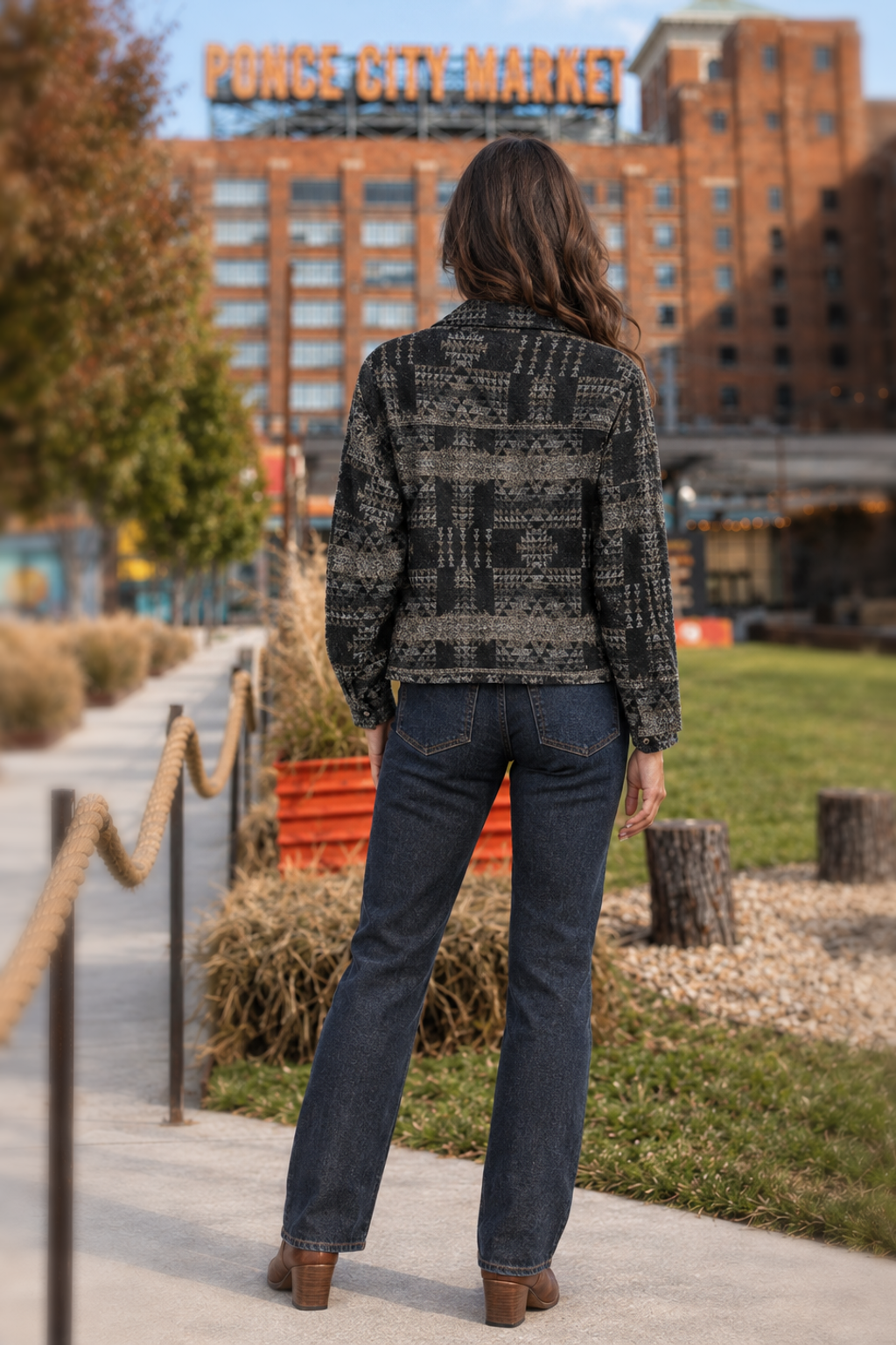 26175Z Dark Aztec Print Snap Button Jacket
