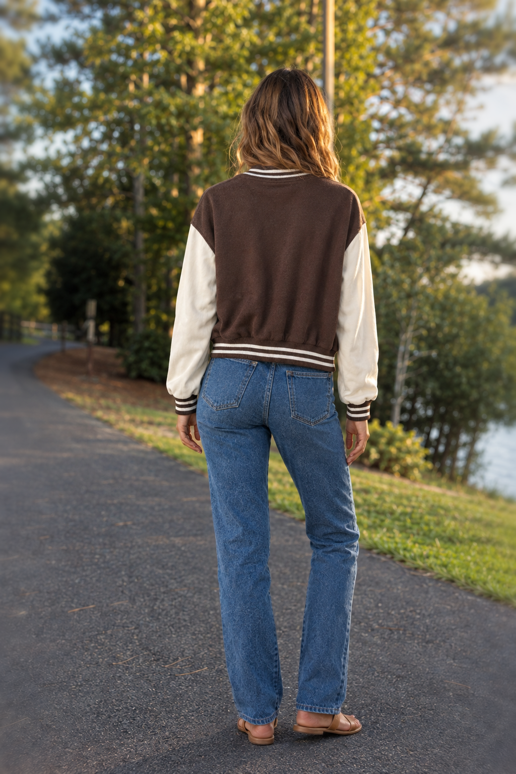 80055JM Brown Cropped Varsity Letter Jacket
