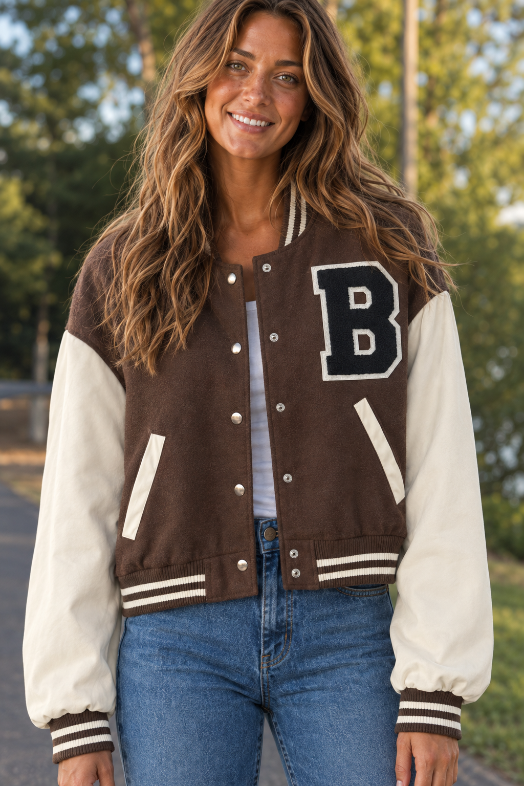 80055JM Brown Cropped Varsity Letter Jacket — Pockets detail